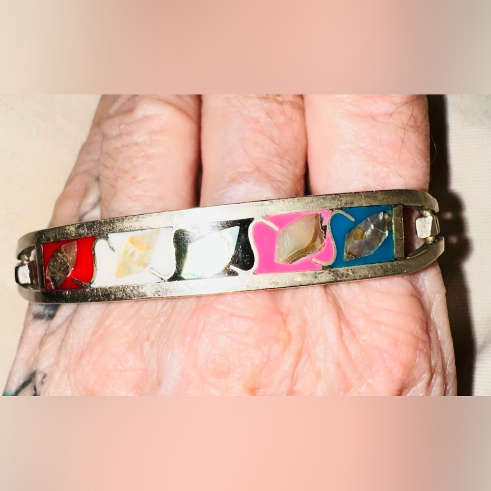 Vibrant Vintage Mexican alpaca Silver Multicolor Inlay Bracelet